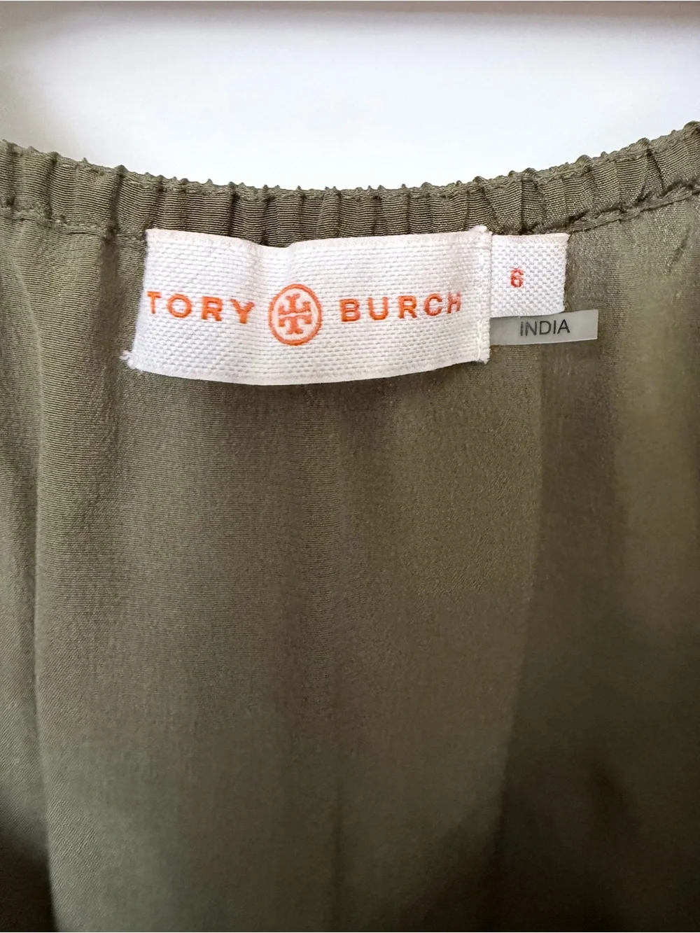 Tory Burch Olive Green Peasant Blouse with Navy Embroidery